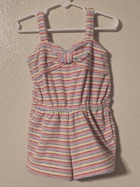 Janie and Jack Rainbow Striped Terry Cloth Romper with Bow - Size 3